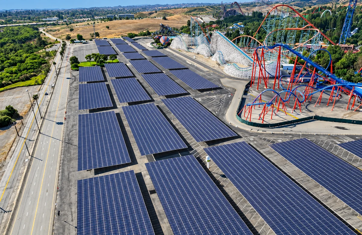 Aerial view of solar carport arrays beside the roller coasters at Six Flags Magic Mountain