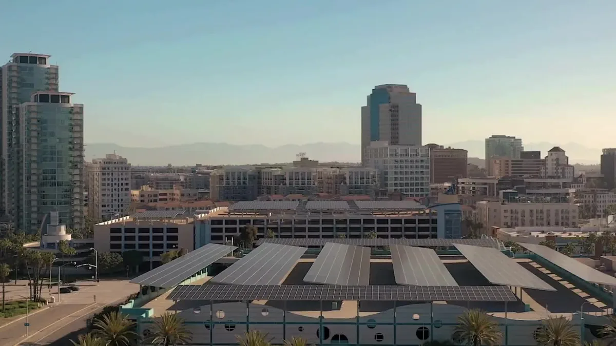 Aerial view of large-scale solar carport installations