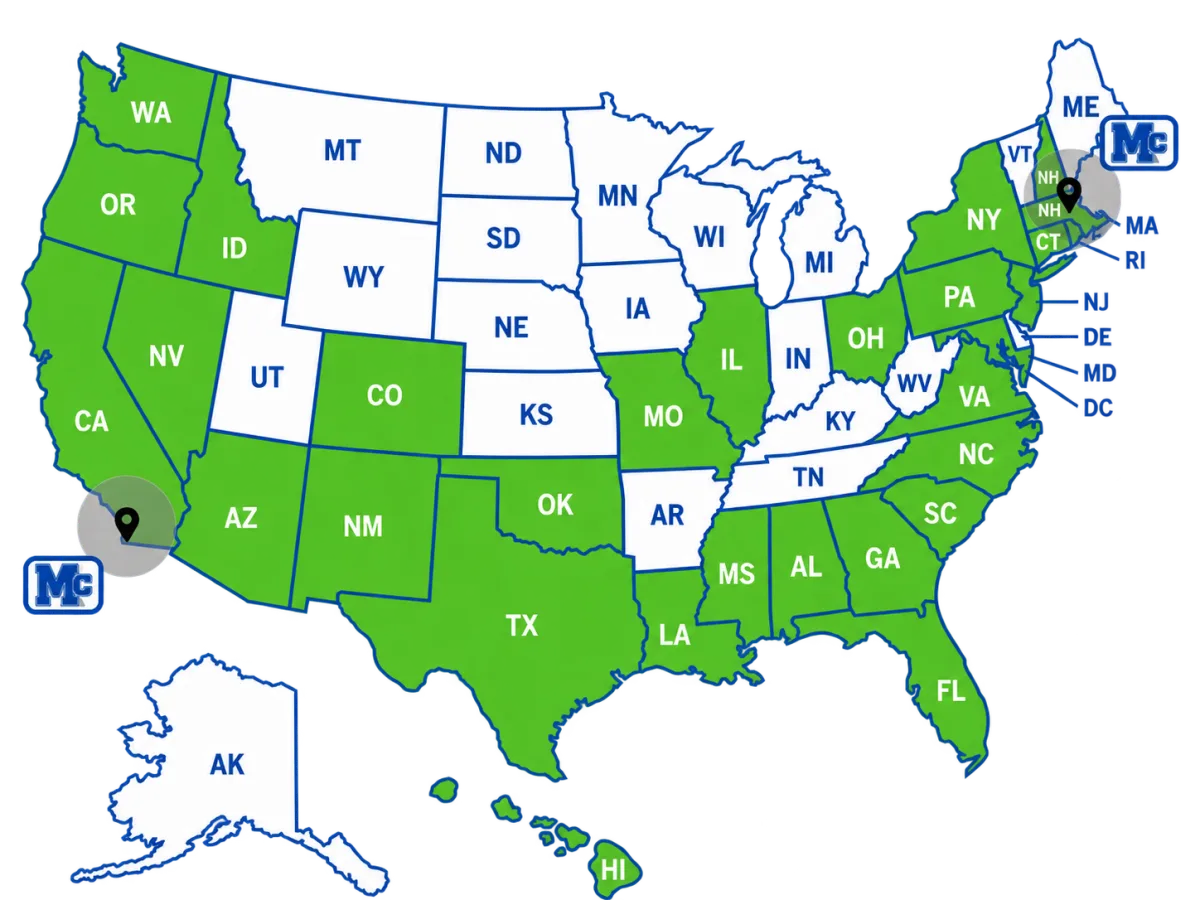 Updated United States map showing highlighted states and M Bar C locations on the West and East Coasts
