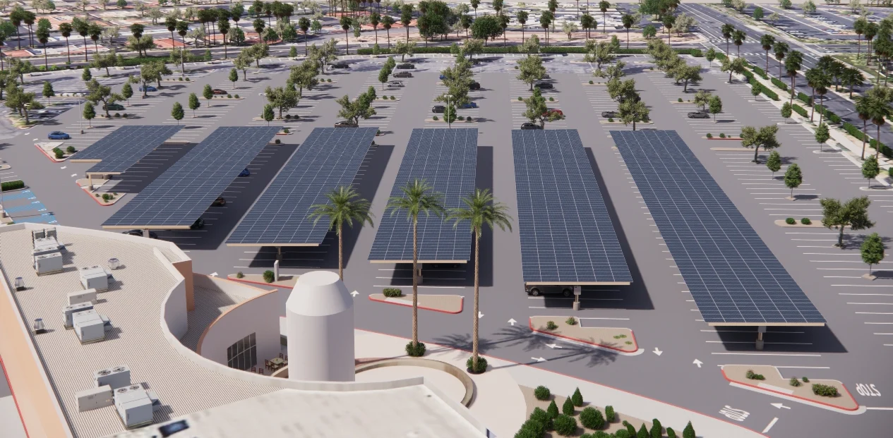 Proposed solar carports rendered from a corresponding aerial viewpoint